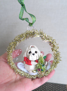 Maltese Havanese or other White dog Decorating the tree Christmas ornament Hand Sculpted Collectible