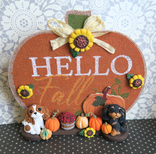 Hello Fall  Autumn Cavalier King Charles Home Decor Hand sculpted Clay Collectible