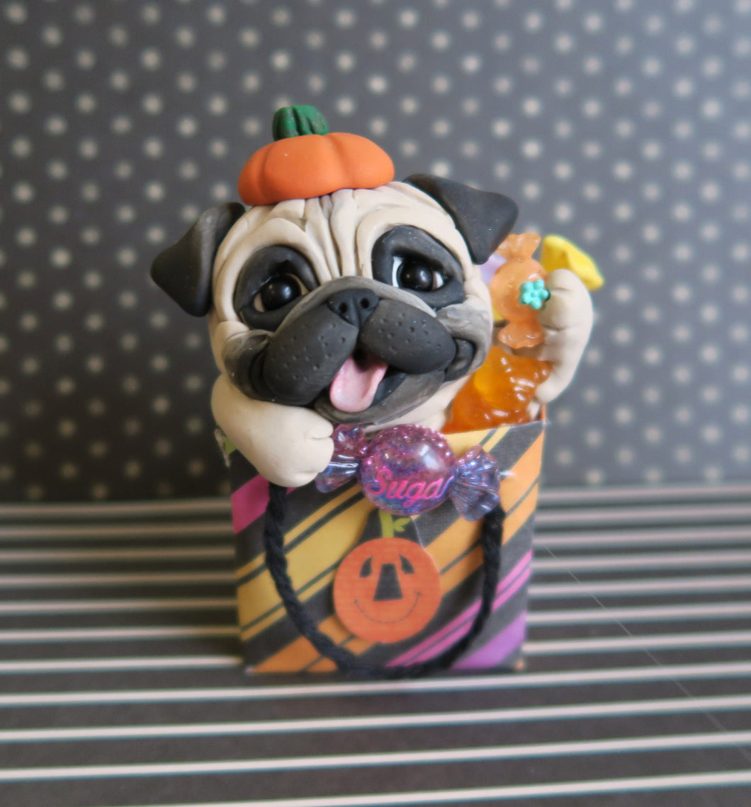 Halloween Pug in Bag of Candy Hand Sculpted Collectible