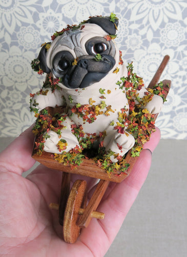 Pug Autumn Clean Up! Wheelbarrow & Leaves Hand Sculpted Collectible