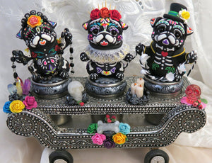 Dia de Muertos/Day of the dead Pug Trio Mexican Cart Hand Sculpted Clay Collectible