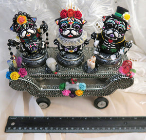 Dia de Muertos/Day of the dead Pug Trio Mexican Cart Hand Sculpted Clay Collectible