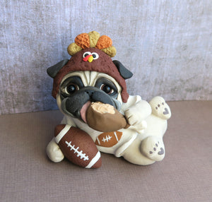 Thanksgiving Feast & Football Pug Hand Sculpted Collectible