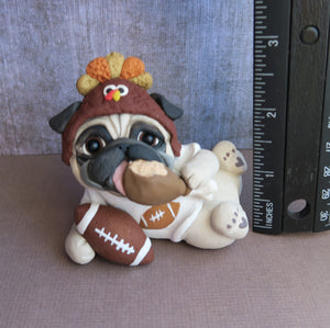 Thanksgiving Feast & Football Pug Hand Sculpted Collectible
