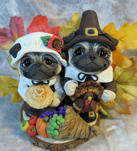 Thanksgiving Pug Pilgrims Pair Hand Sculpted Clay Collectible