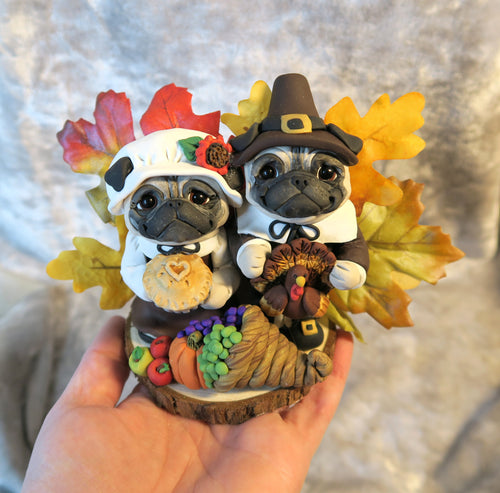 Thanksgiving Pug Pilgrims Pair Hand Sculpted Clay Collectible