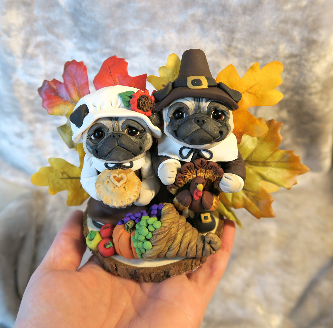 Thanksgiving Pug Pilgrims Pair Hand Sculpted Clay Collectible
