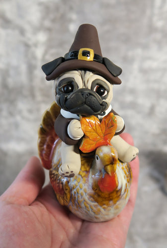 Thanksgiving Pug on a Turkey Hand Sculpted Collectible