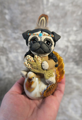 Thanksgiving Pug on a Turkey Hand Sculpted Collectible