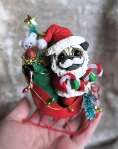 Santa Pug Christmas Sleigh Hand sculpted Clay Collectible