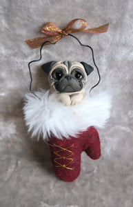 Pug Christmas Mitten Ornament Hand Sculpted Collectible
