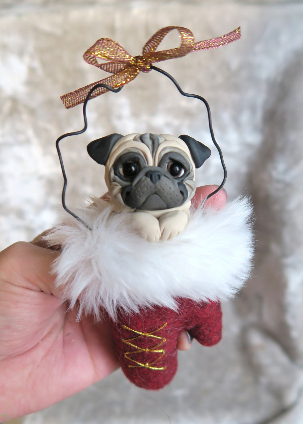 Pug Christmas Mitten Ornament Hand Sculpted Collectible