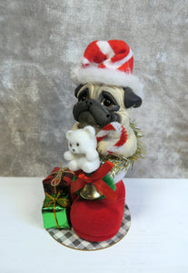 Christmas Pug in stocking Hand sculpted Clay Collectible