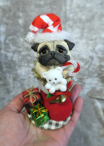 Christmas Pug in stocking Hand sculpted Clay Collectible