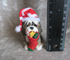 Christmas Havanese with Hat and Stocking Hand Sculpted Collectible