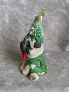 Pug dressed as a Christmas tree Hand sculpted Clay Collectible