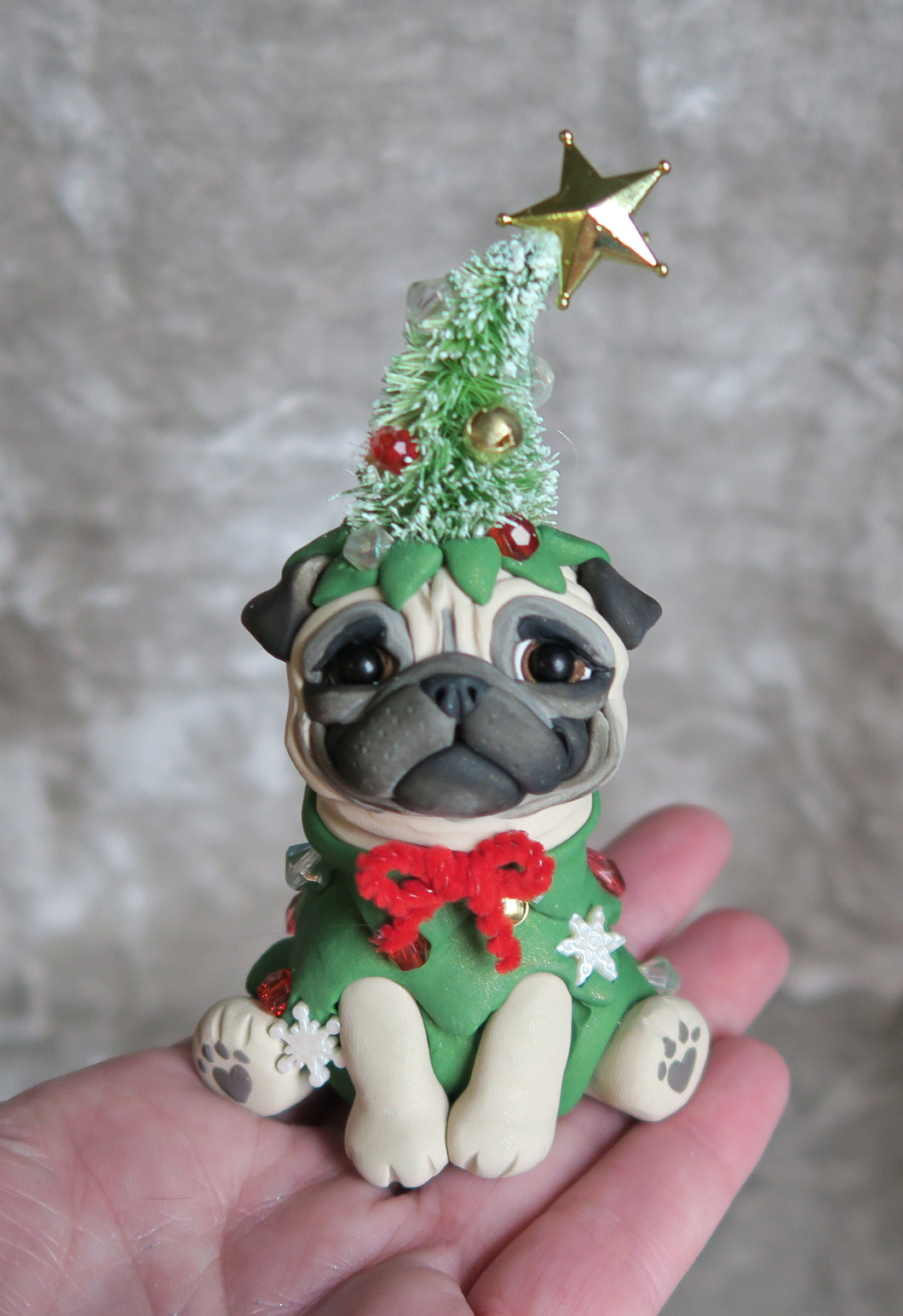 Pug dressed as a Christmas tree Hand sculpted Clay Collectible