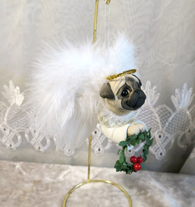 Christmas Angel Pug Ornament Hand sculpted Clay Collectible