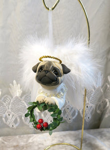 Christmas Angel Pug Ornament Hand sculpted Clay Collectible