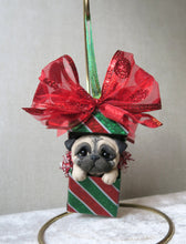 Load image into Gallery viewer, Pug Christmas Present ORNAMENT Hand sculpted Clay Collectible