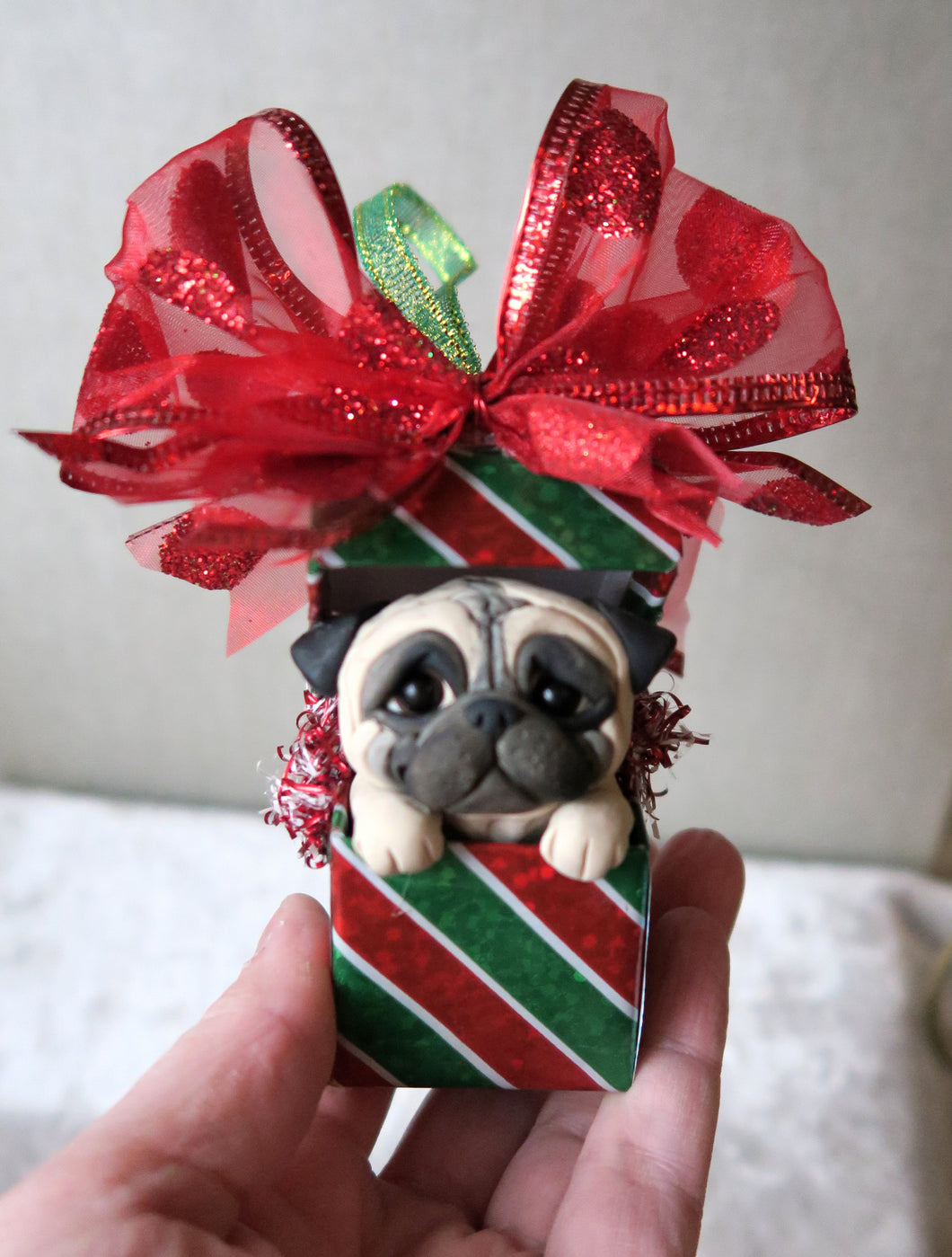 Pug Christmas Present ORNAMENT Hand sculpted Clay Collectible