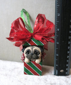 Pug Christmas Present ORNAMENT Hand sculpted Clay Collectible