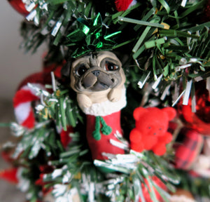 Fawn PUGS Tabletop Lighted Christmas Tree with Hand Sculpted Pugs