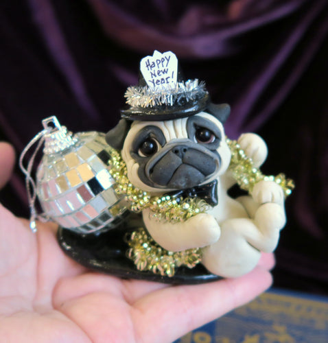 Happy New Year Pug Hand Sculpted Collectible