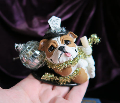 Happy New Year English Bulldog Hand Sculpted Collectible