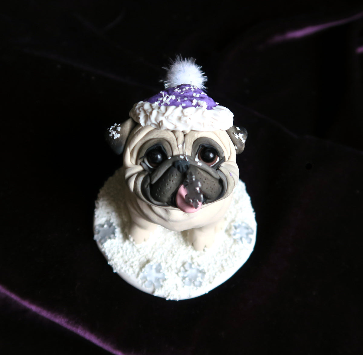Catching Snowflakes Winter Pug Hand Sculpted Collectible