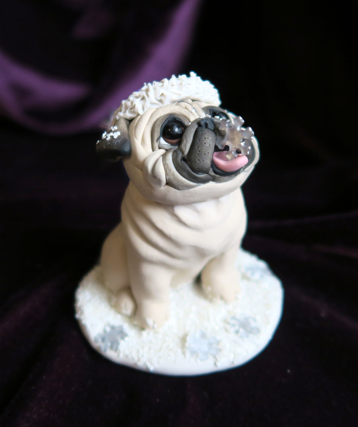 Catching Snowflakes Winter Pug Hand Sculpted Collectible