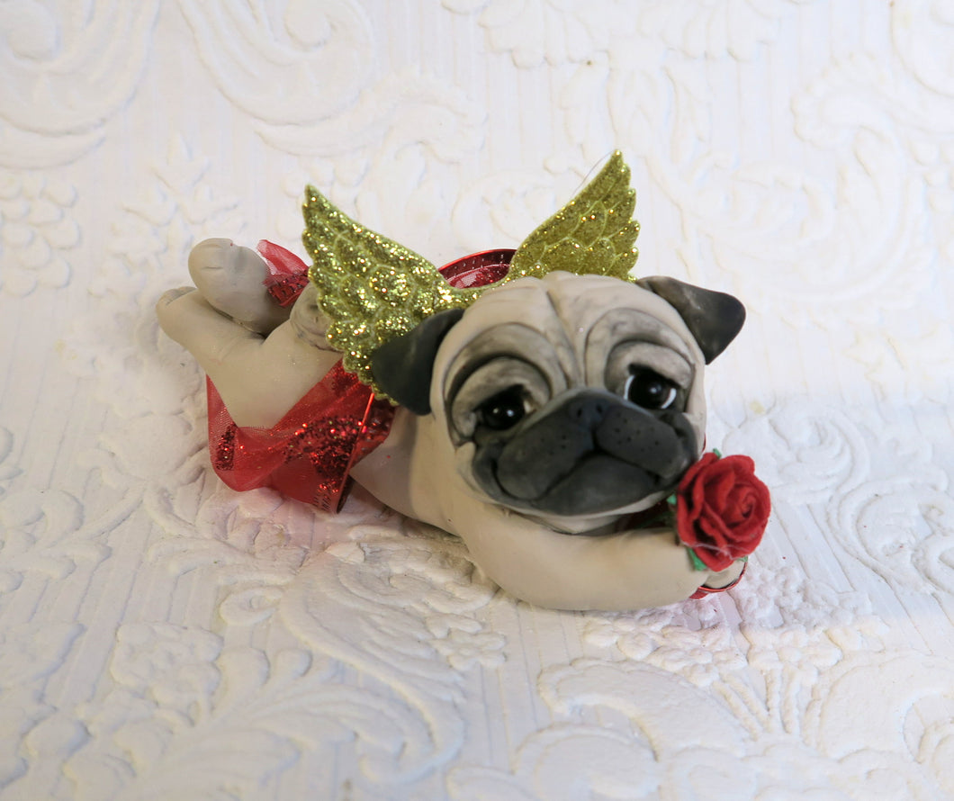 Valentine Cupid Pug with a Rose Hand Sculpted Collectible