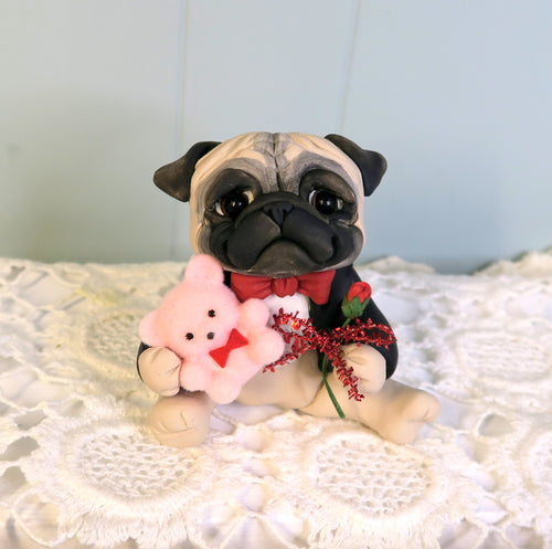 Valentine Pug with Pink Teddy & Red Rose Hand Sculpted Collectible