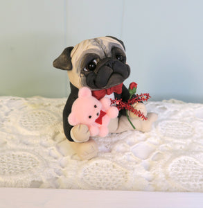 Valentine Pug with Pink Teddy & Red Rose Hand Sculpted Collectible