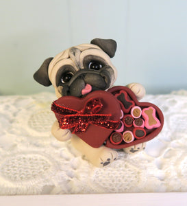 Valentine Pug with Heart box of treats Hand Sculpted Collectible