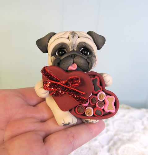 Valentine Pug with Heart box of treats Hand Sculpted Collectible
