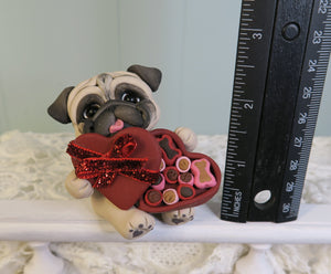 Valentine Pug with Heart box of treats Hand Sculpted Collectible