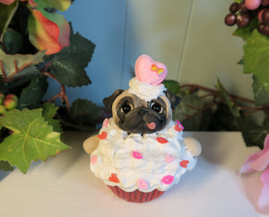 Valentine Pug Cupcake Hand Sculpted Collectible