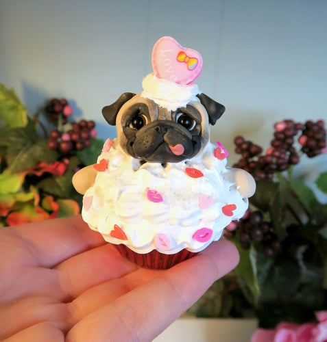 Valentine Pug Cupcake Hand Sculpted Collectible
