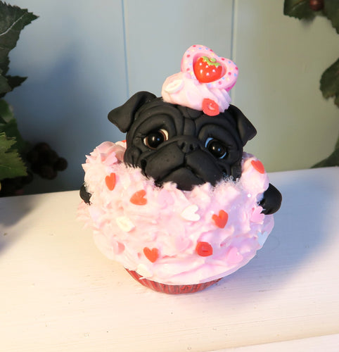 Valentine Pug Cupcake Hand Sculpted Collectible