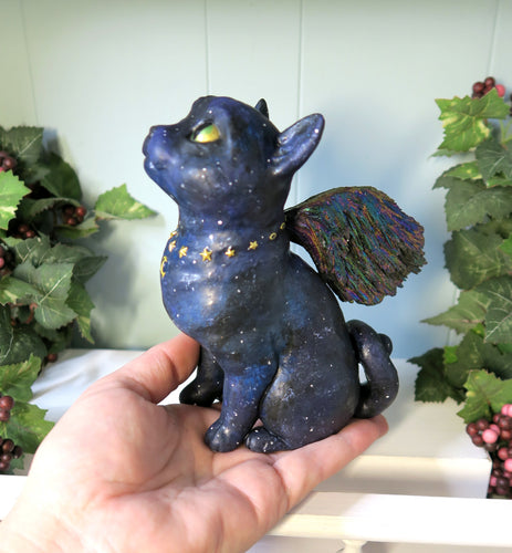 Galaxy Cat with Aura Feather Tourmaline wings Hand Scuplted Clay & Crystal Collectible