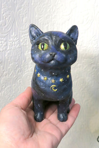 Galaxy Cat with Aura Feather Tourmaline wings Hand Scuplted Clay & Crystal Collectible