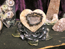 Load image into Gallery viewer, Beautiful Carnelian Druzy Heart in Rose Shaped Holder Hand Scuplted Clay &amp; Crystal Collectible