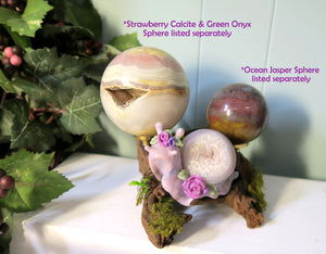 Snail Sculpture Sphere Holder Hand Scuplted Clay & Crystal Collectible