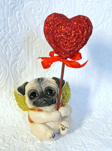 Valentine Pug with  Red Rose Glitter Heart Hand Sculpted Collectible