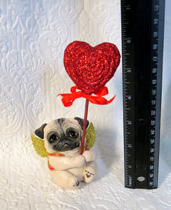 Valentine Pug with  Red Rose Glitter Heart Hand Sculpted Collectible