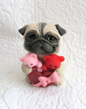 Load image into Gallery viewer, Valentine Pug with Red &amp; Pink fuzzy bears and Candy Heart Box Hand Sculpted Collectible