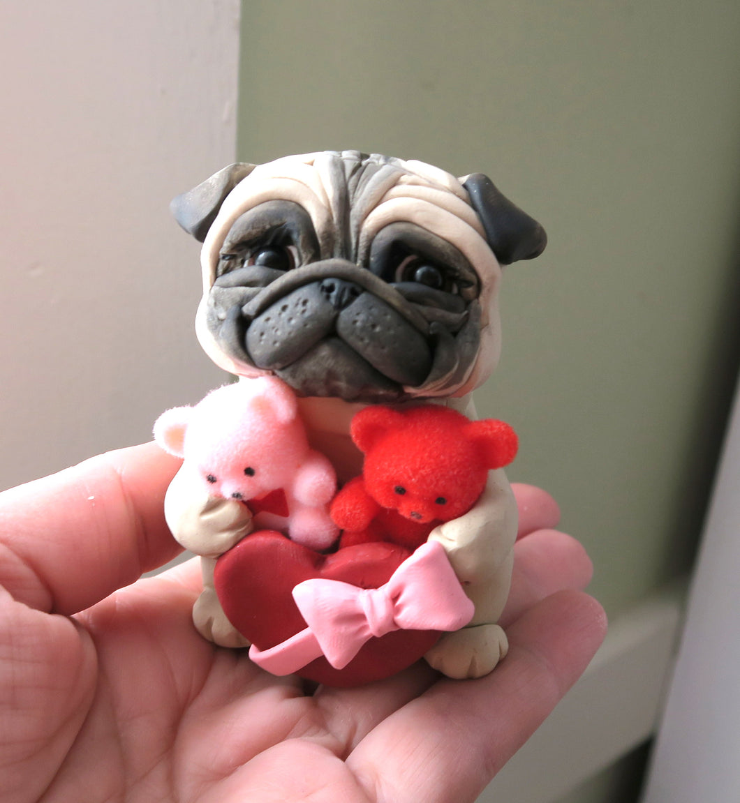 Valentine Pug with Red & Pink fuzzy bears and Candy Heart Box Hand Sculpted Collectible