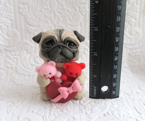 Valentine Pug with Red & Pink fuzzy bears and Candy Heart Box Hand Sculpted Collectible