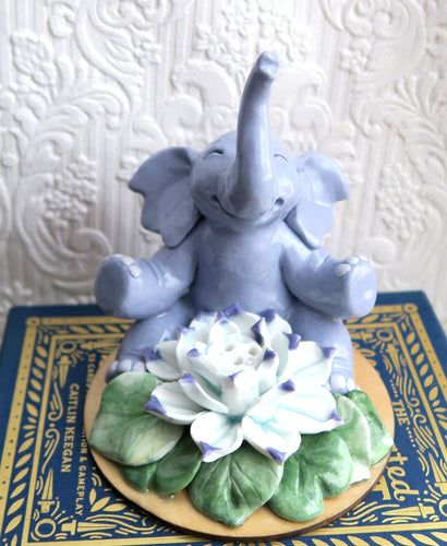 Happy Elephant & Lotus Flower Incense Burner Hand sculpted Clay Collectible & Functional Decor